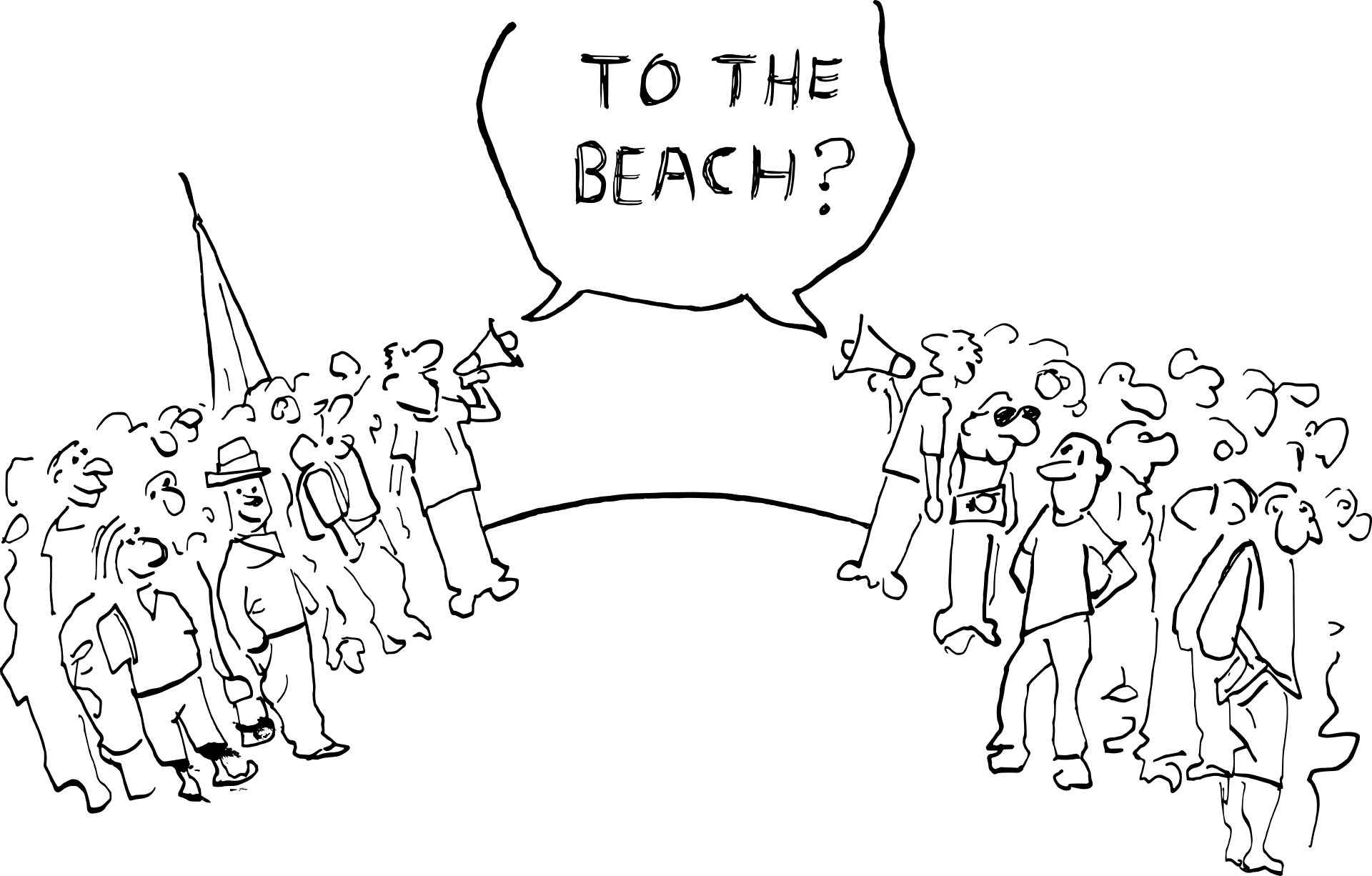 Tourists asking each other the way to the beach in bad English